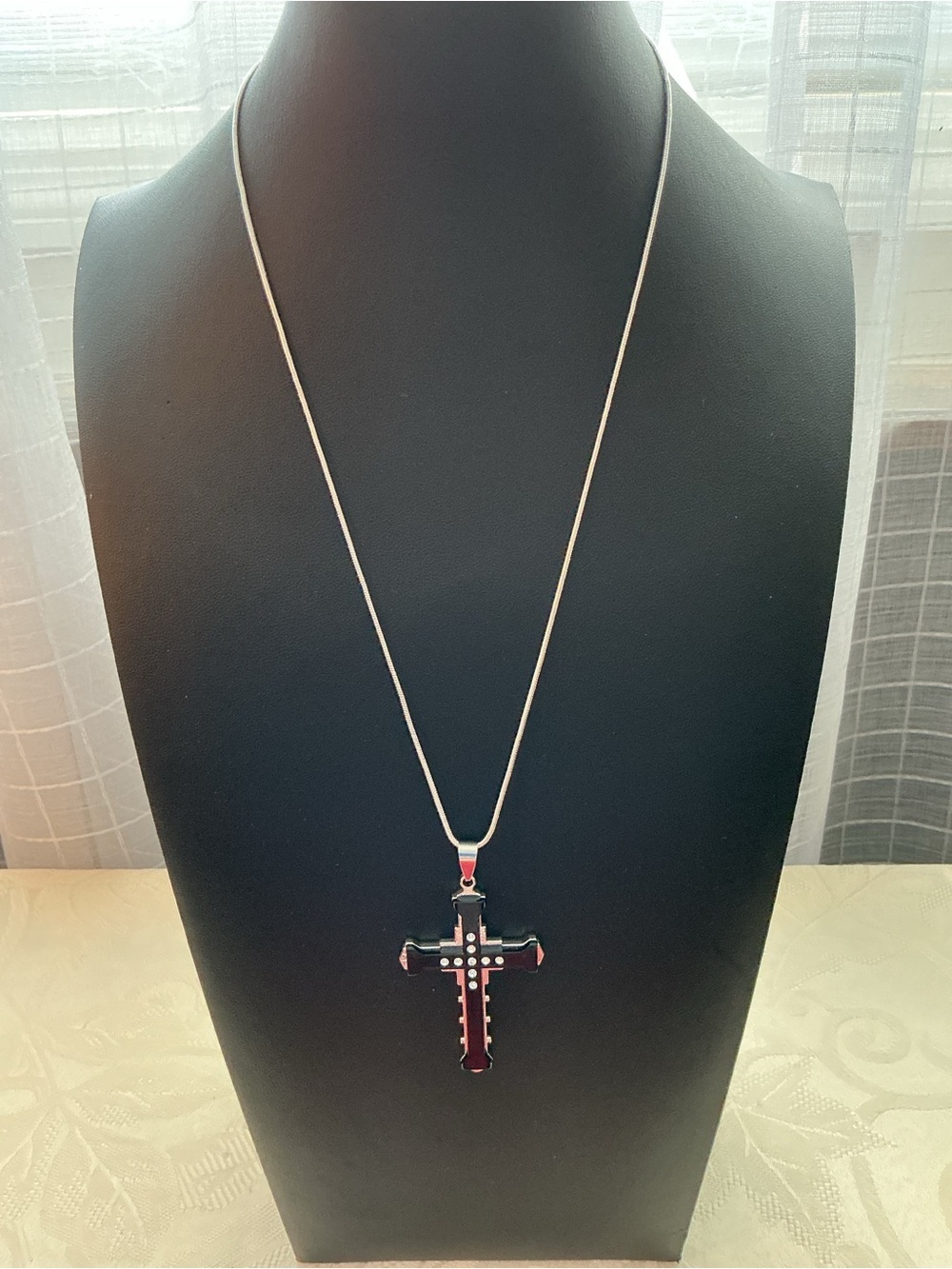 Black Agate and Rhinestone Latin Cross Silver Tone Pendant Necklace